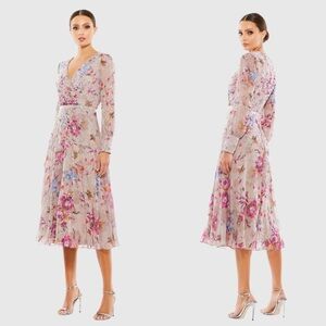 Mac Duggal 9147 Hand Embellished Floral Long Sleeve Midi Dress Size 4 NWT
